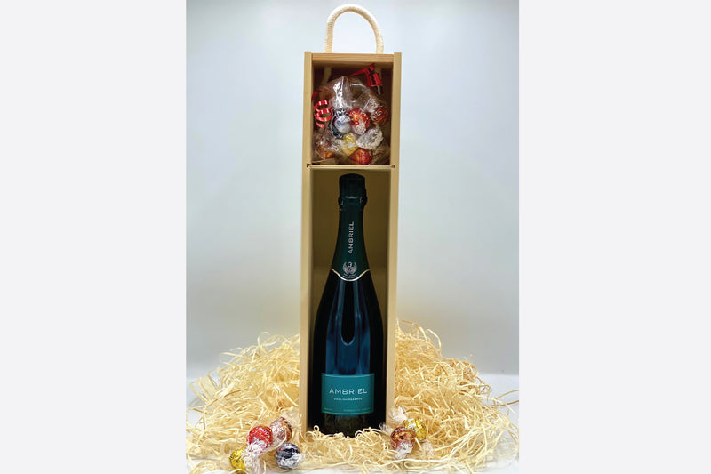 English Sparkling Wine in Wooden Gift Box with chocolates