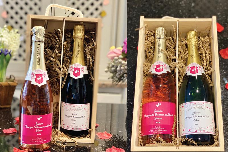 Personalised Valentine's Day White & Rosé Champagne Bottle in Wooden Box